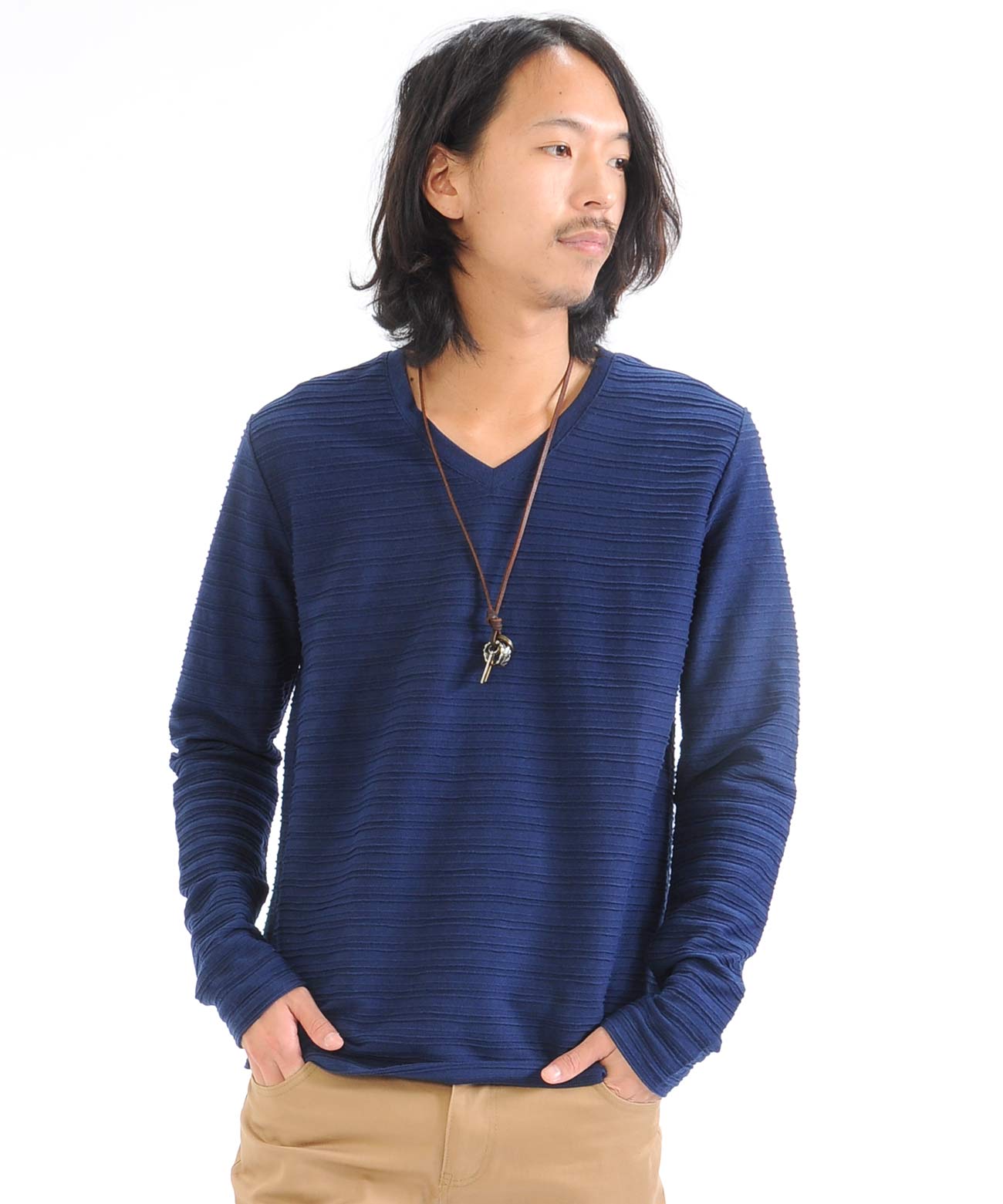 Spade SPADE T-shirt Border Long Sleeve Long T-shirt T-shirt Border Long Sleeve Long T-shirt Tuck Border 3D Embossed Men's V-neck White white black Wai