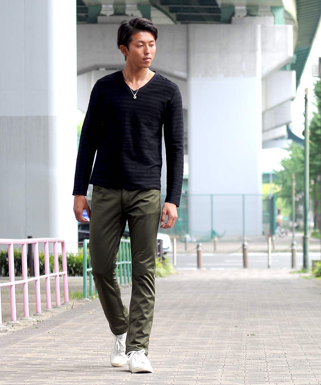 Spade SPADE T-shirt Border Long Sleeve Long T-shirt T-shirt Border Long Sleeve Long T-shirt Tuck Border 3D Embossed Men's V-neck White white black Wai