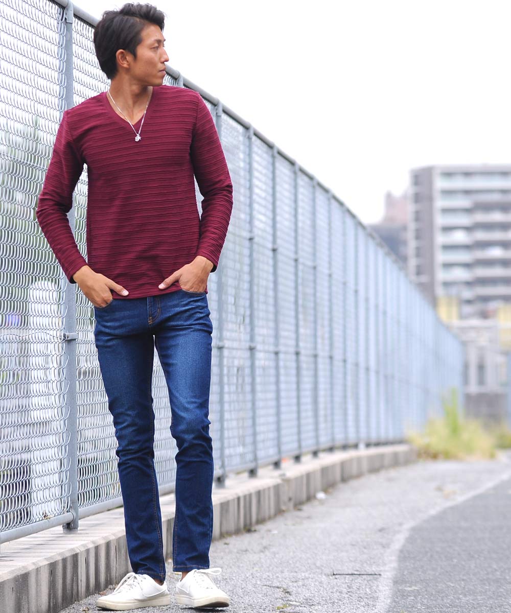 Spade SPADE T-shirt Border Long Sleeve Long T-shirt T-shirt Border Long Sleeve Long T-shirt Tuck Border 3D Embossed Men's V-neck White white black Wai