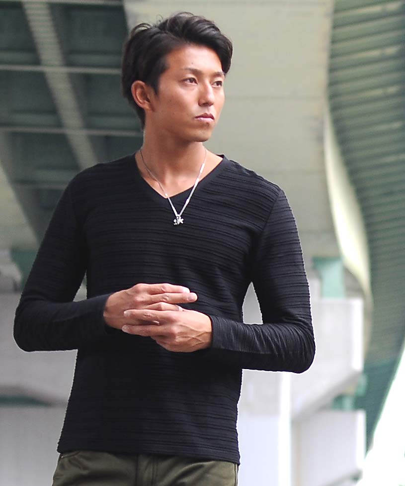 Spade SPADE T-shirt Border Long Sleeve Long T-shirt T-shirt Border Long Sleeve Long T-shirt Tuck Border 3D Embossed Men's V-neck White white black Wai