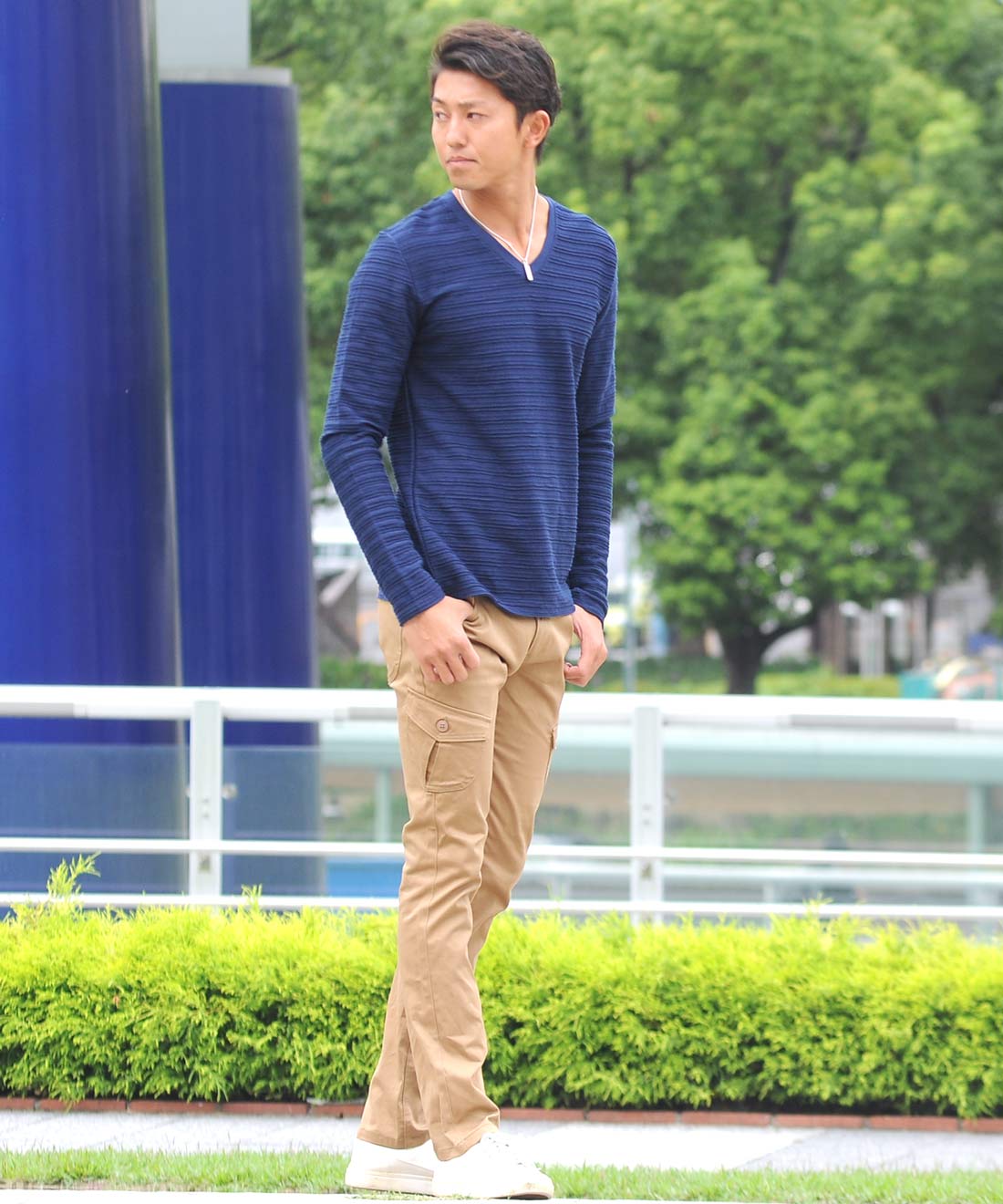 Spade SPADE T-shirt Border Long Sleeve Long T-shirt T-shirt Border Long Sleeve Long T-shirt Tuck Border 3D Embossed Men's V-neck White white black Wai