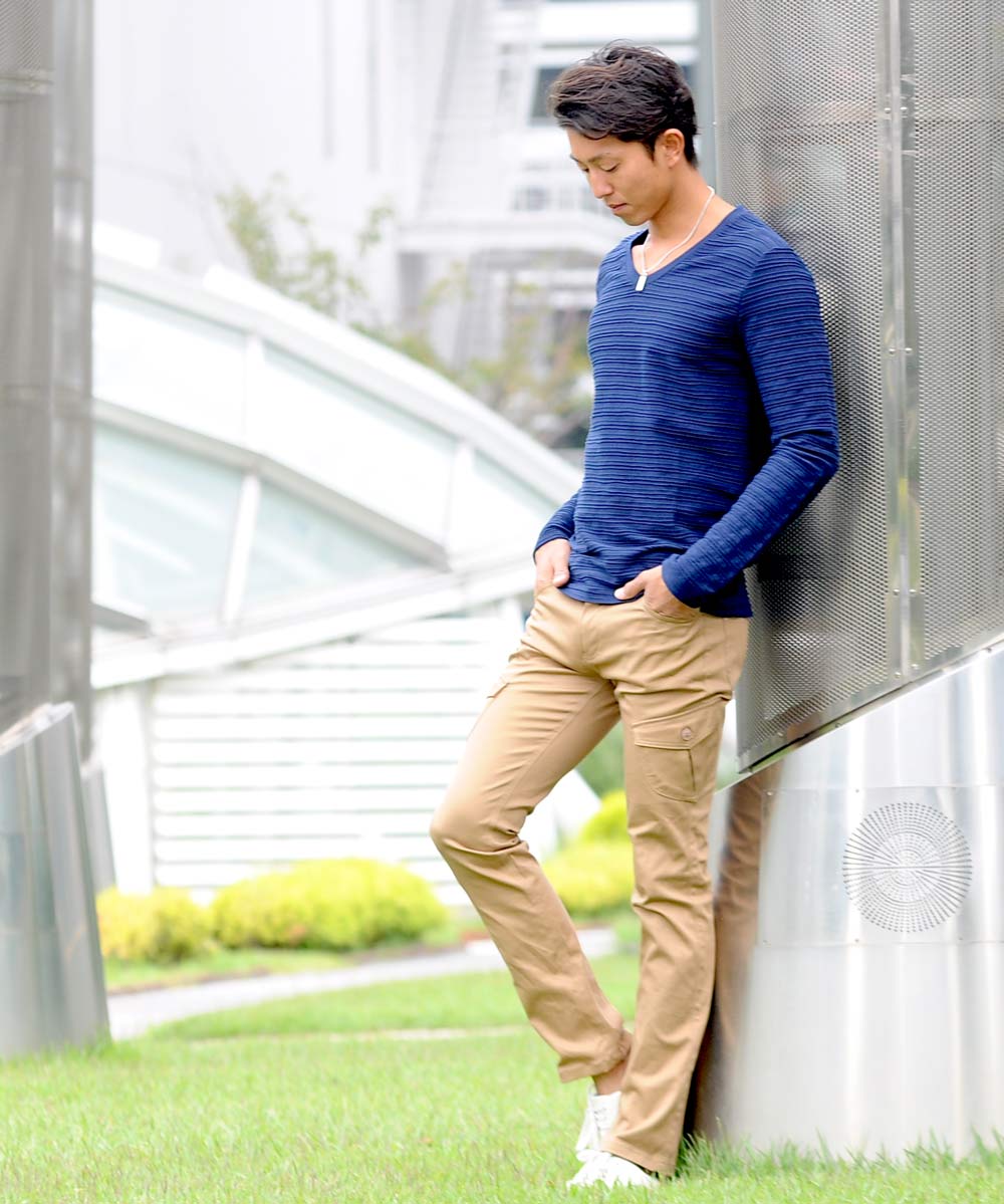 Spade SPADE T-shirt Border Long Sleeve Long T-shirt T-shirt Border Long Sleeve Long T-shirt Tuck Border 3D Embossed Men's V-neck White white black Wai