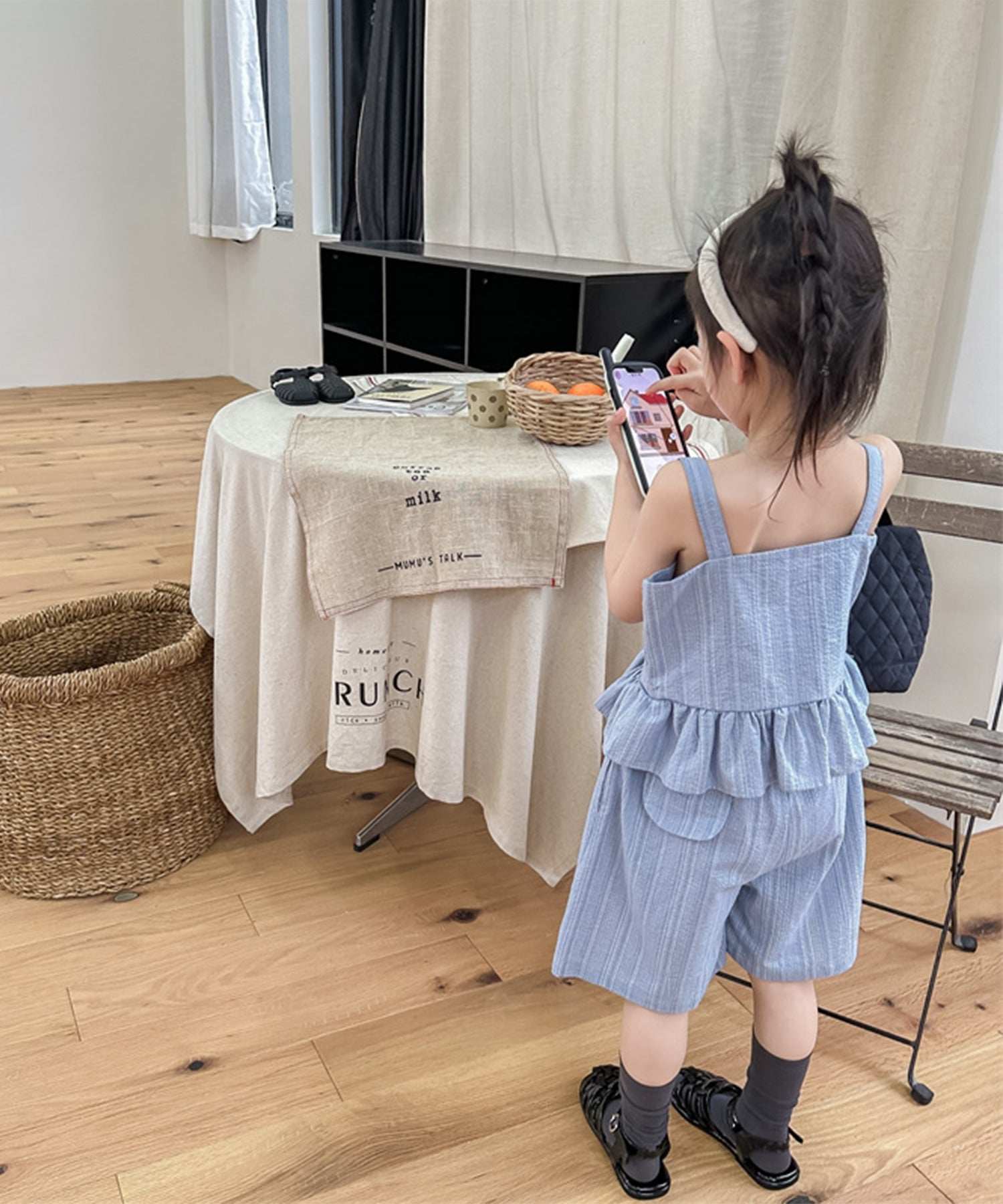 アイモハ aimoha 【aimohaーKIDSー】韓国子供服 無地裾フリルキャミソール+ショットパンツ セットアップ