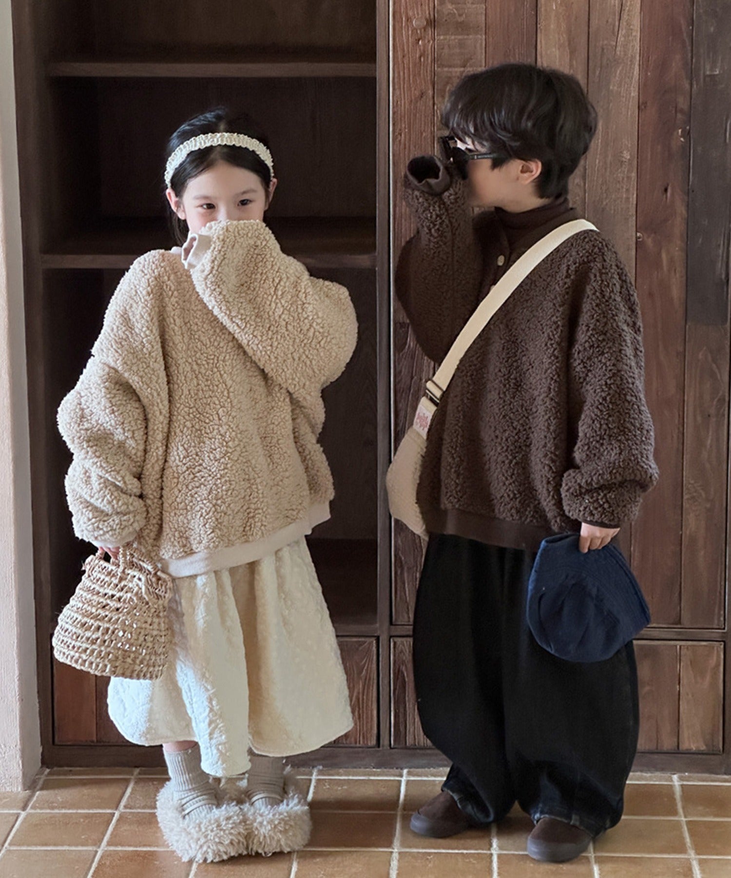アイモハ aimoha 【aimohaーKIDSー】韓国子供服 ボアオーバースウェット (ブラウン) ブラウン