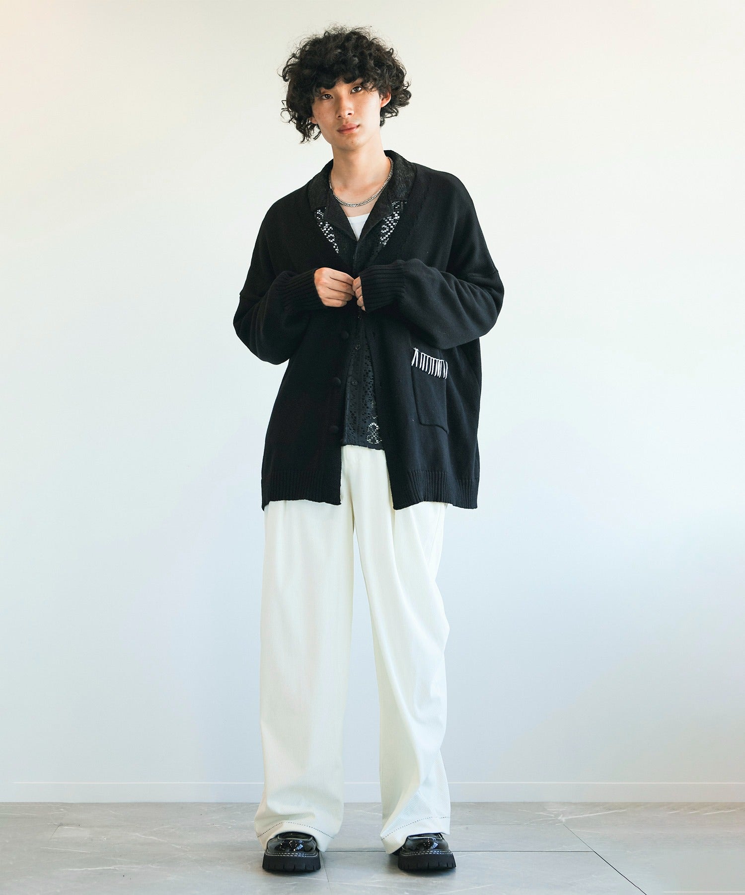 アイモハ aimoha aimoha men氣球袖開襟毛衣