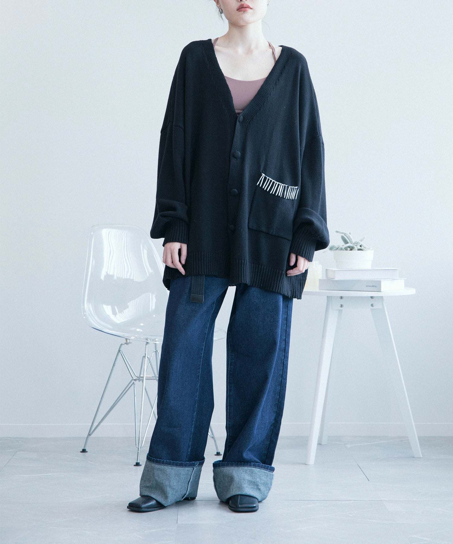 アイモハ aimoha aimoha men氣球袖開襟毛衣