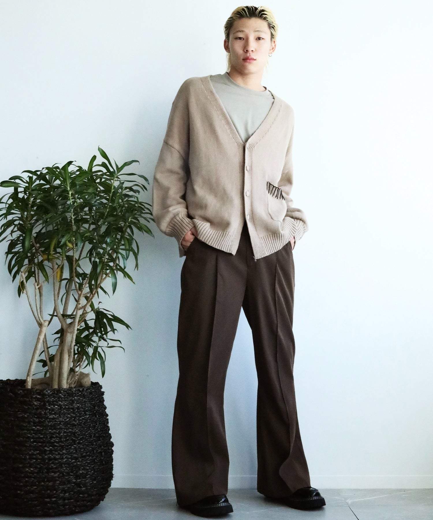 アイモハ aimoha aimoha men氣球袖開襟毛衣