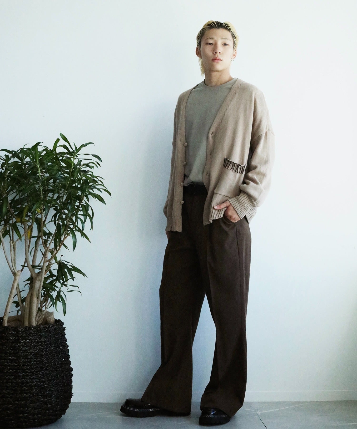 アイモハ aimoha aimoha men氣球袖開襟毛衣