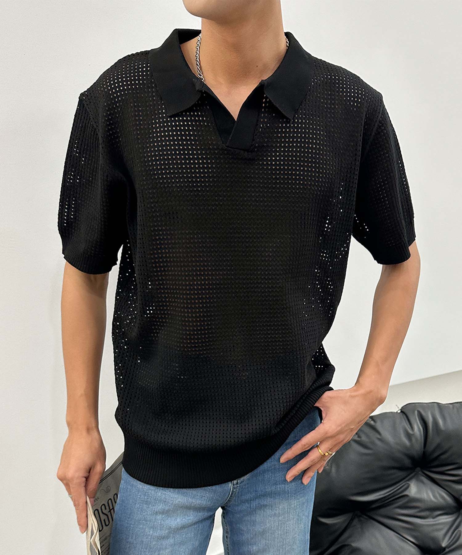アイモハ aimoha aimoha men シアーライトポロトップス (ブラック) ブラック