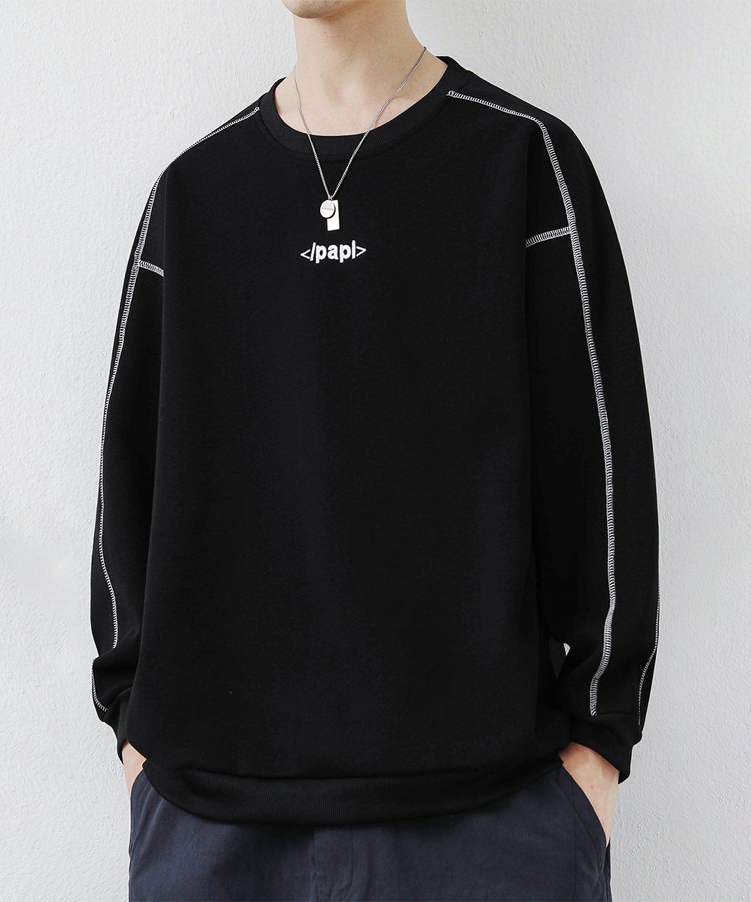 アイモハ aimoha aimoha MEN/ステッチデザイン クルーネックスウェット/Stitch design crew neck sweatshirt (ブラック) ブラック