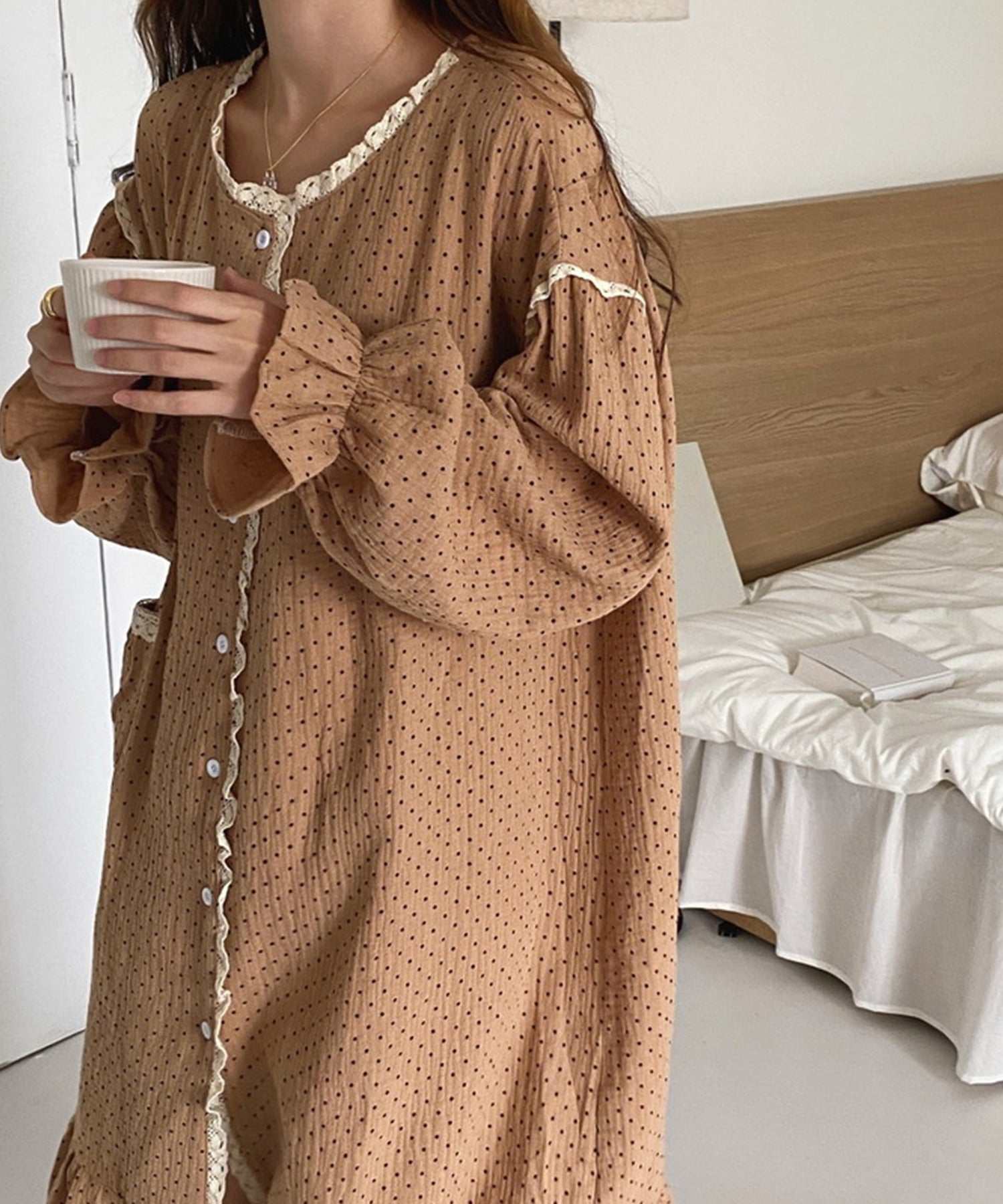 aimoha Cotton Front-Opening Room Dress Roomwear Pajamas Room Dress