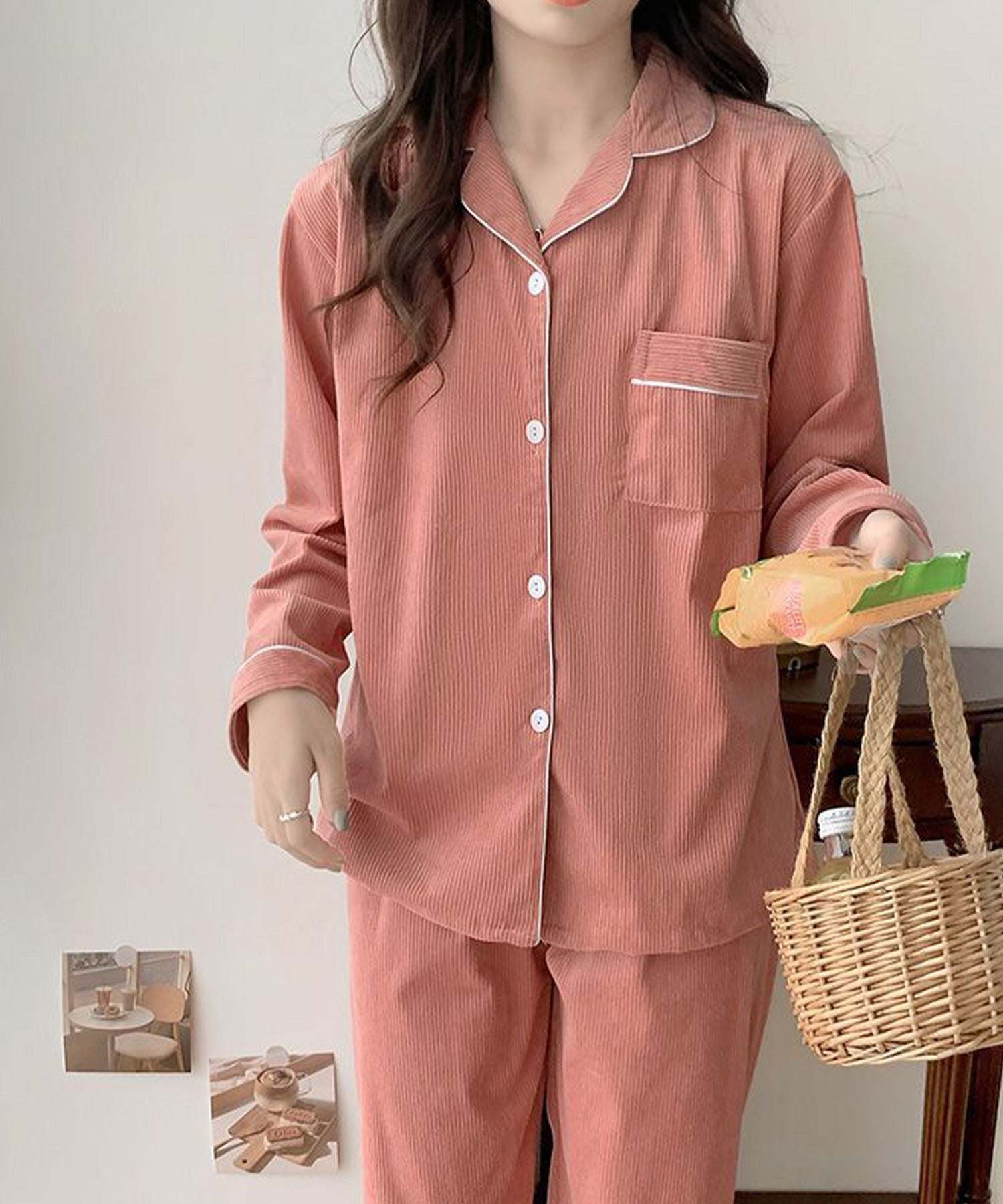 アイモハ aimoha 秋冬2点セット コ一デュロイ長袖シャツ&ロングパンツ ルームウェア