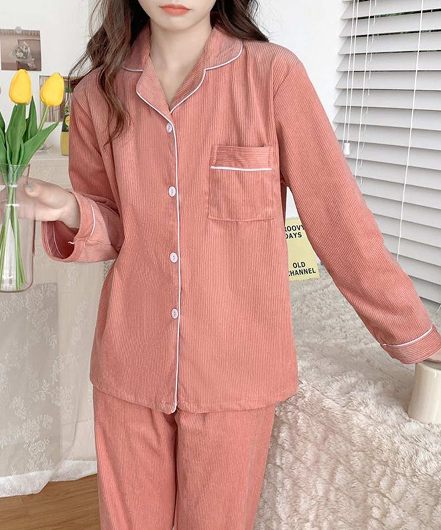 アイモハ aimoha 秋冬2点セット コ一デュロイ長袖シャツ&ロングパンツ ルームウェア