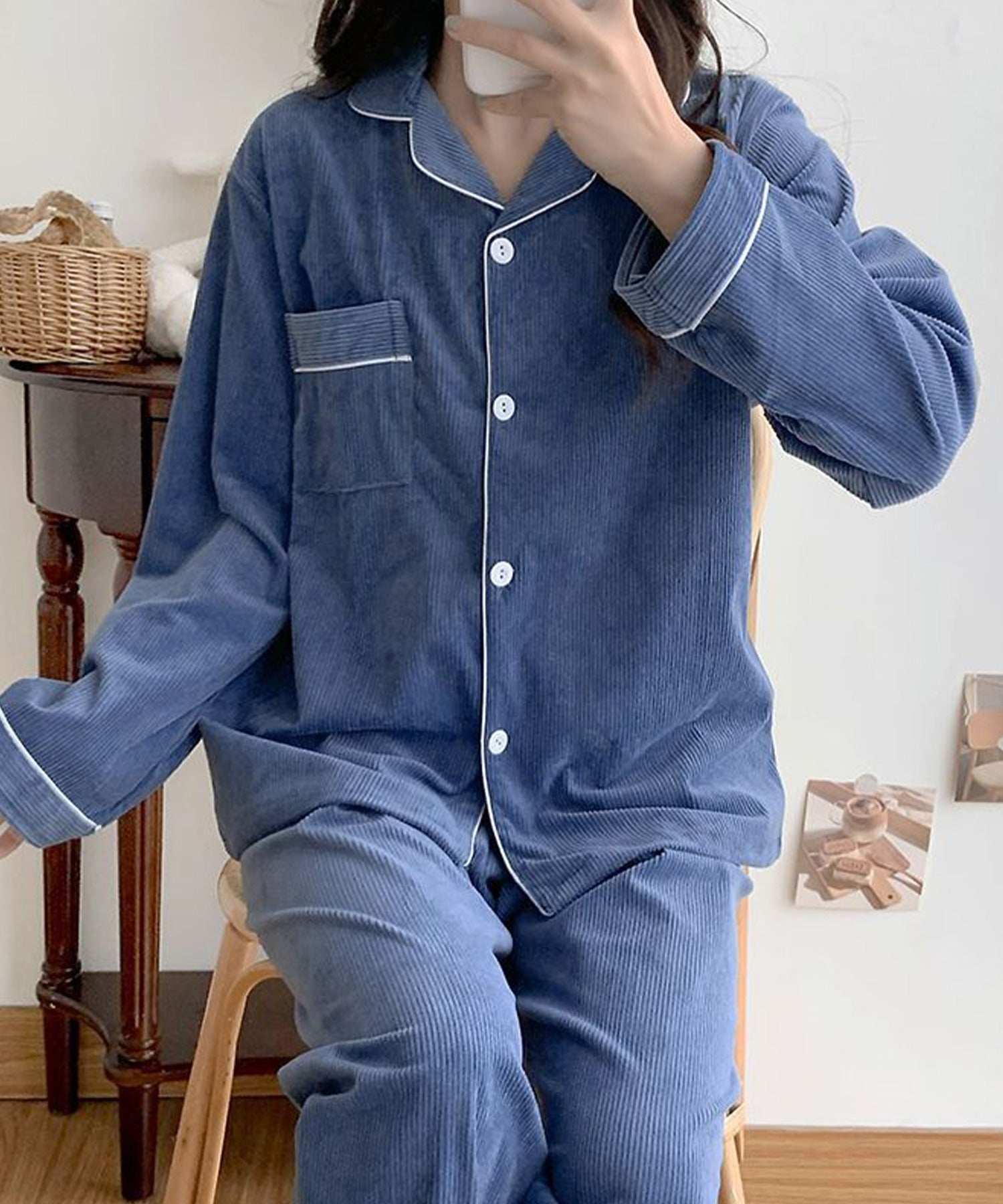 アイモハ aimoha 秋冬2点セット コ一デュロイ長袖シャツ&ロングパンツ ルームウェア