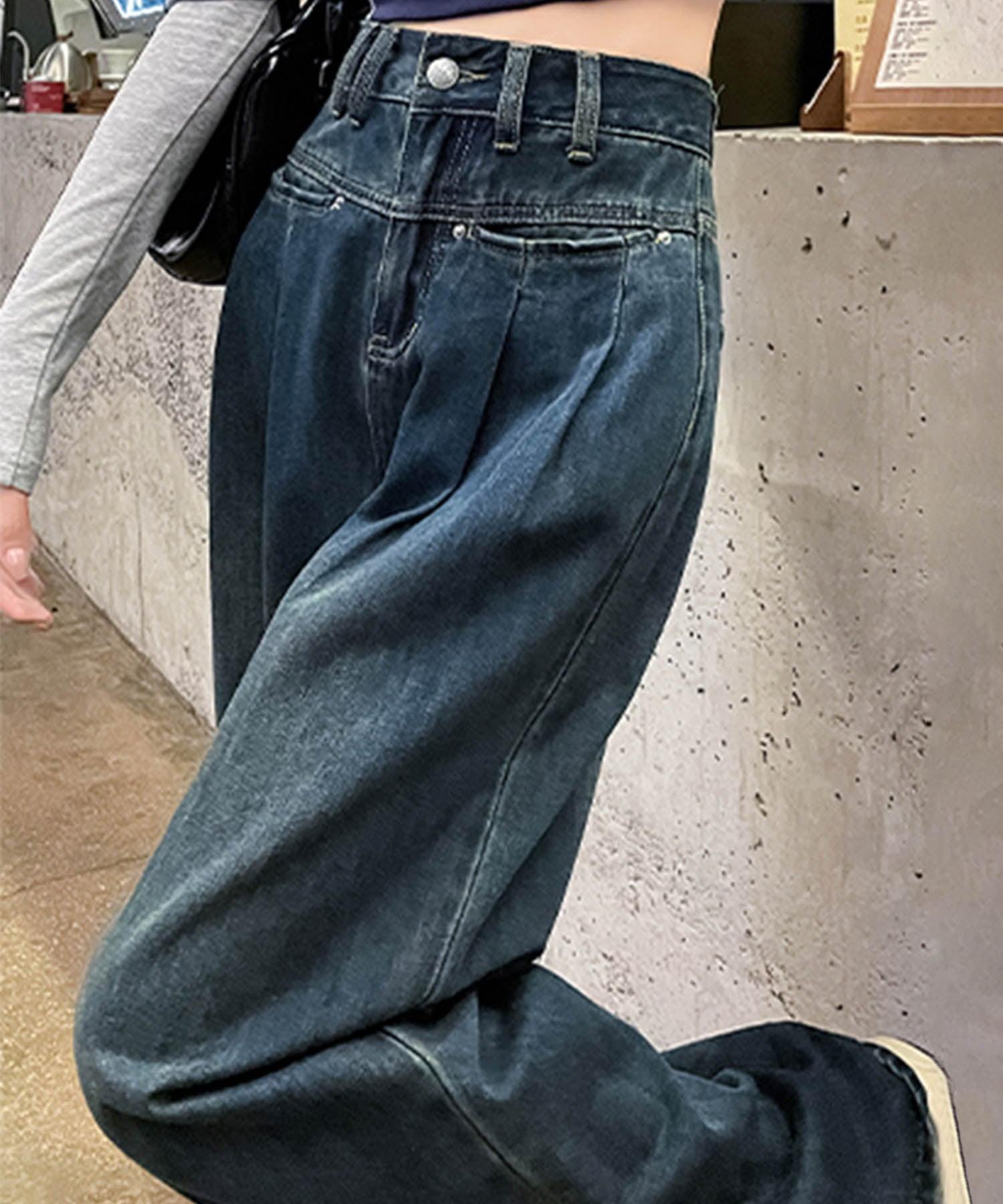 アイモハ aimoha ハイウエストワイドレッグデニムパンツ (ネイビー) ネイビー
