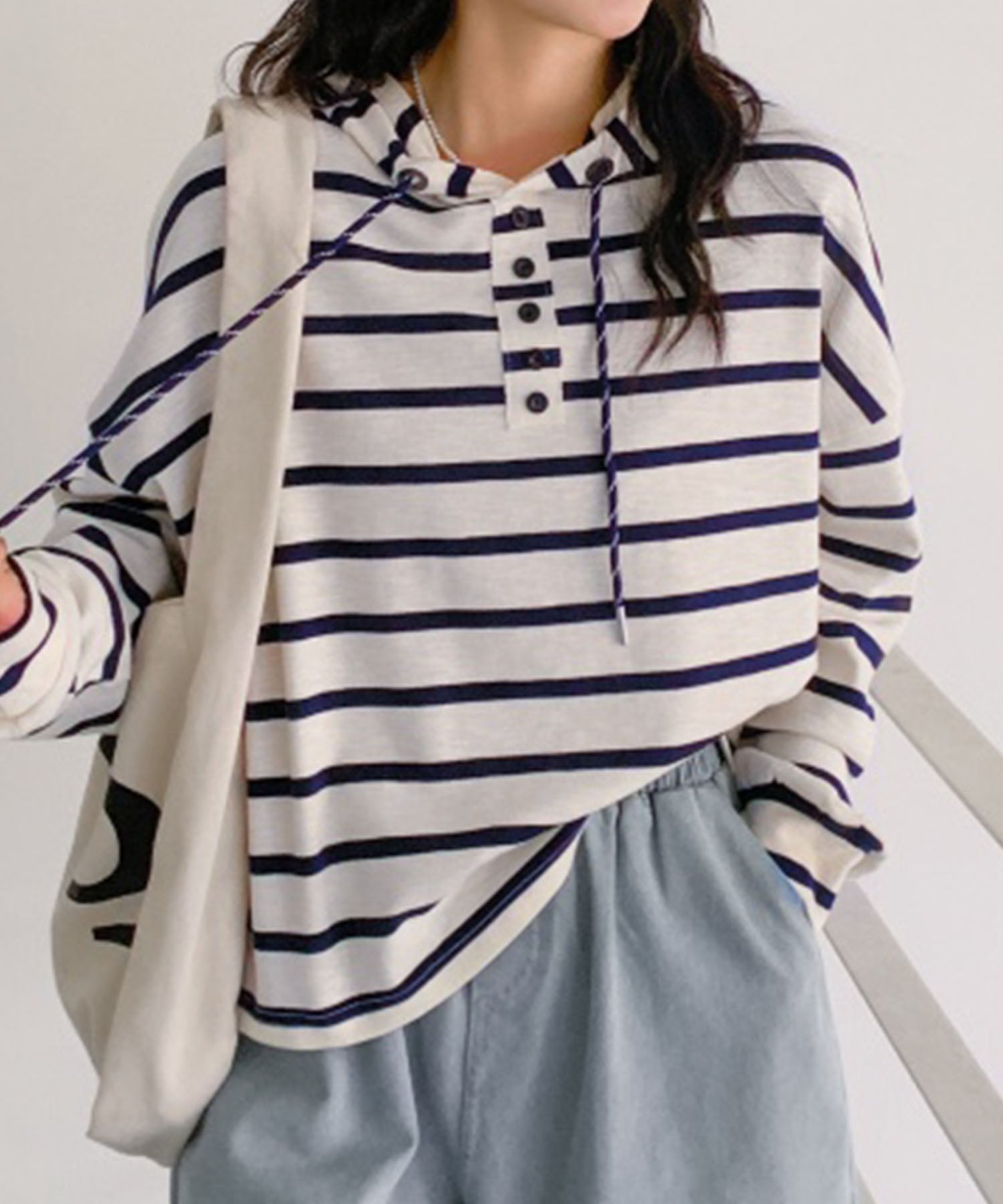 アイモハ aimoha ボーダーフード付きトップス (ネイビー) ネイビー