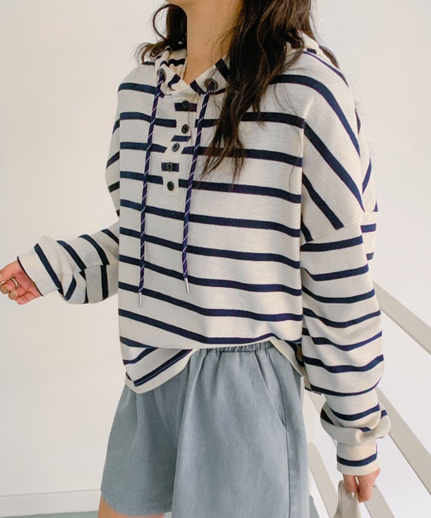 アイモハ aimoha ボーダーフード付きトップス (ネイビー) ネイビー