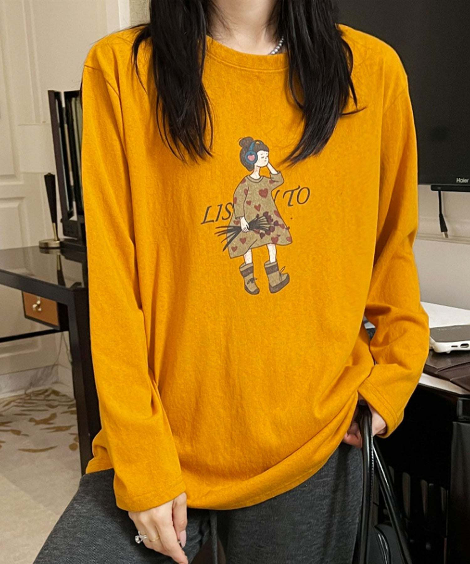 アイモハ aimoha イラストプリントロングスリーブTシャツ (イエロー) イエロー
