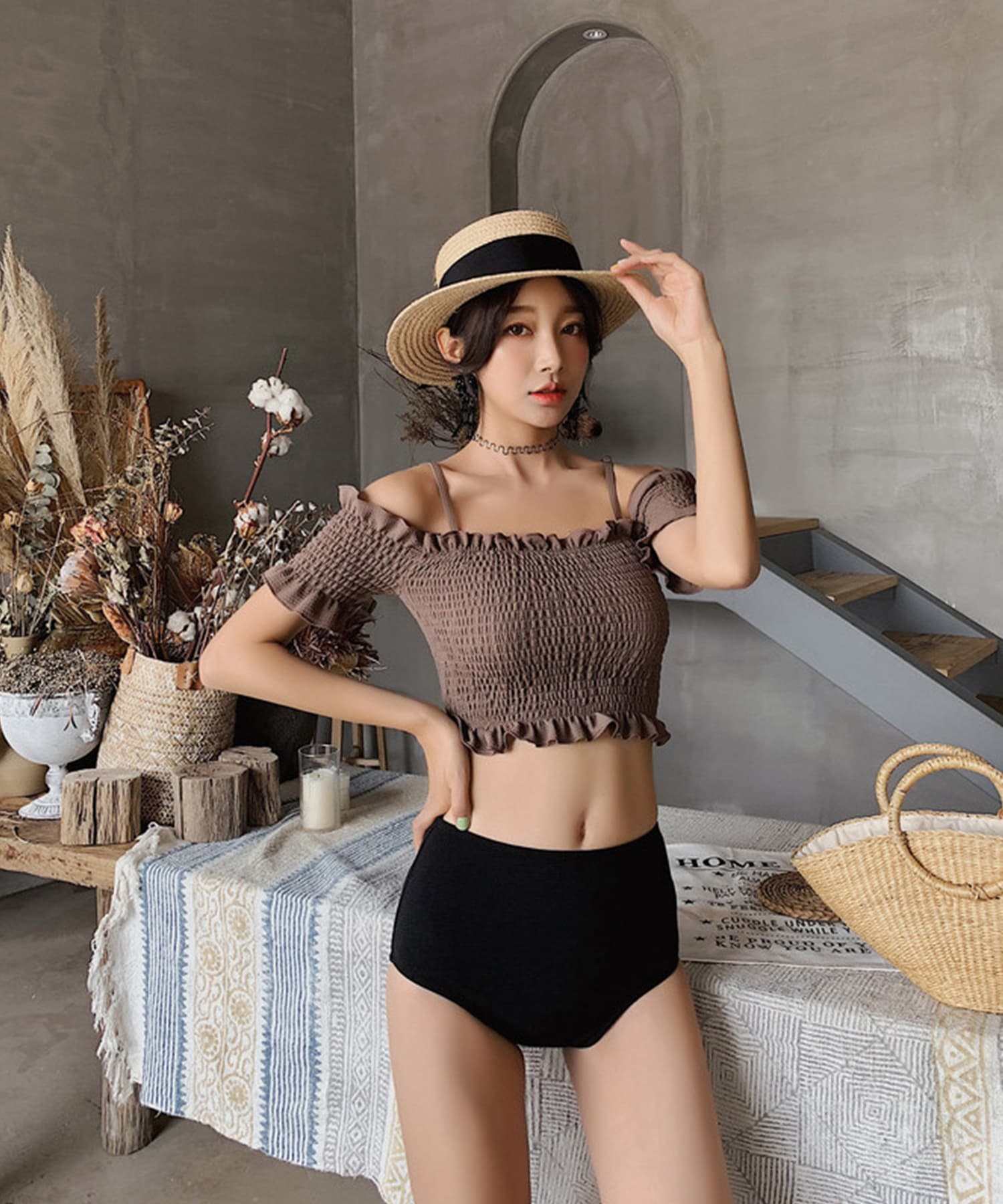 アイモハ aimoha BORA AURA 2点セットシャーリングフリル水着タンキニ 【返品不可商品】 (チョコ) チョコ