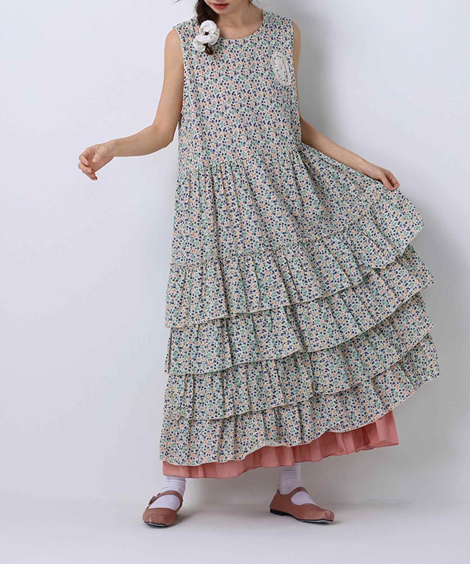 アイモハ aimoha aimoha - select -/フラワーティアードノースリーブワンピース (ブルー) ブルー