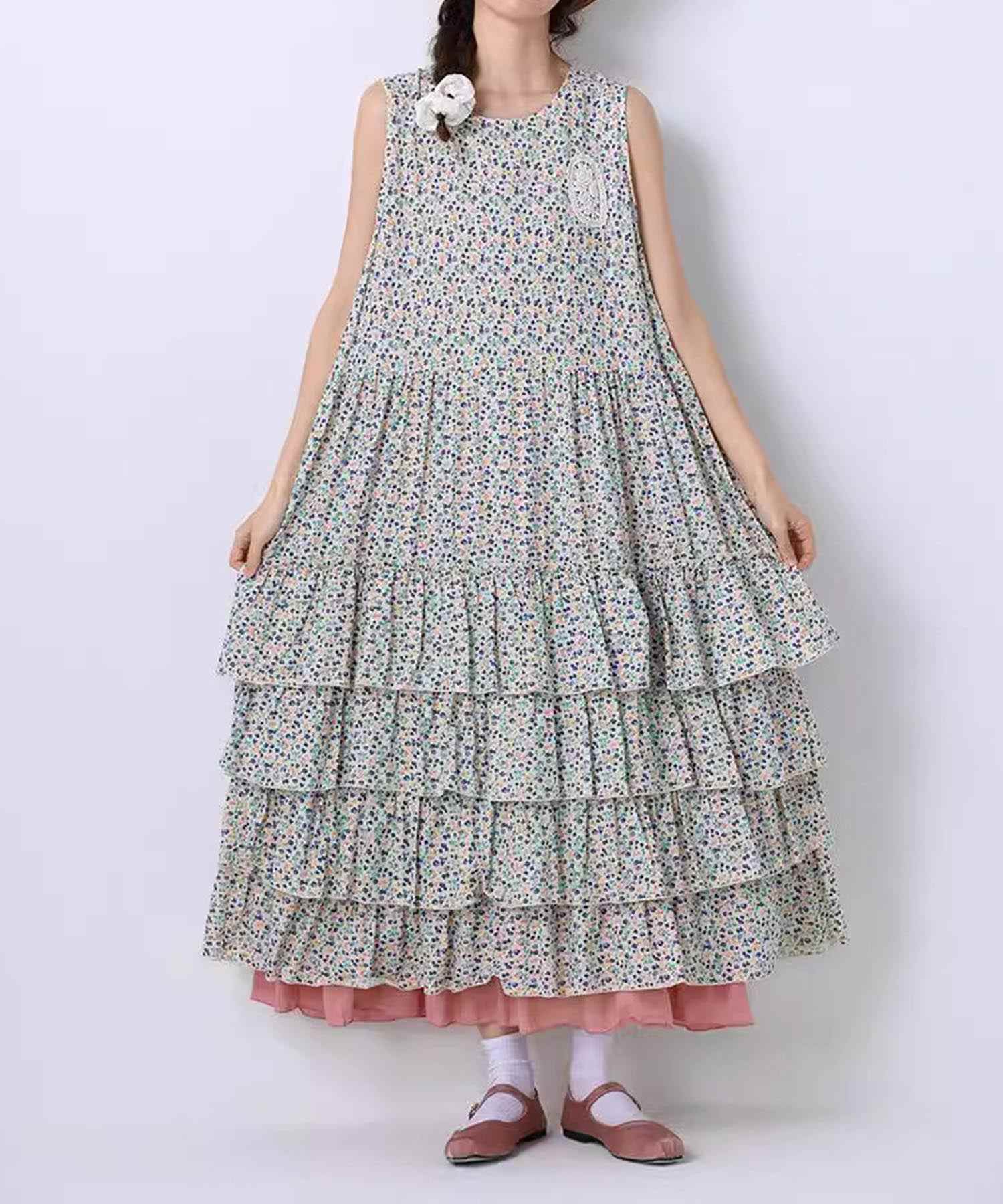 アイモハ aimoha aimoha - select -/フラワーティアードノースリーブワンピース (ブルー) ブルー