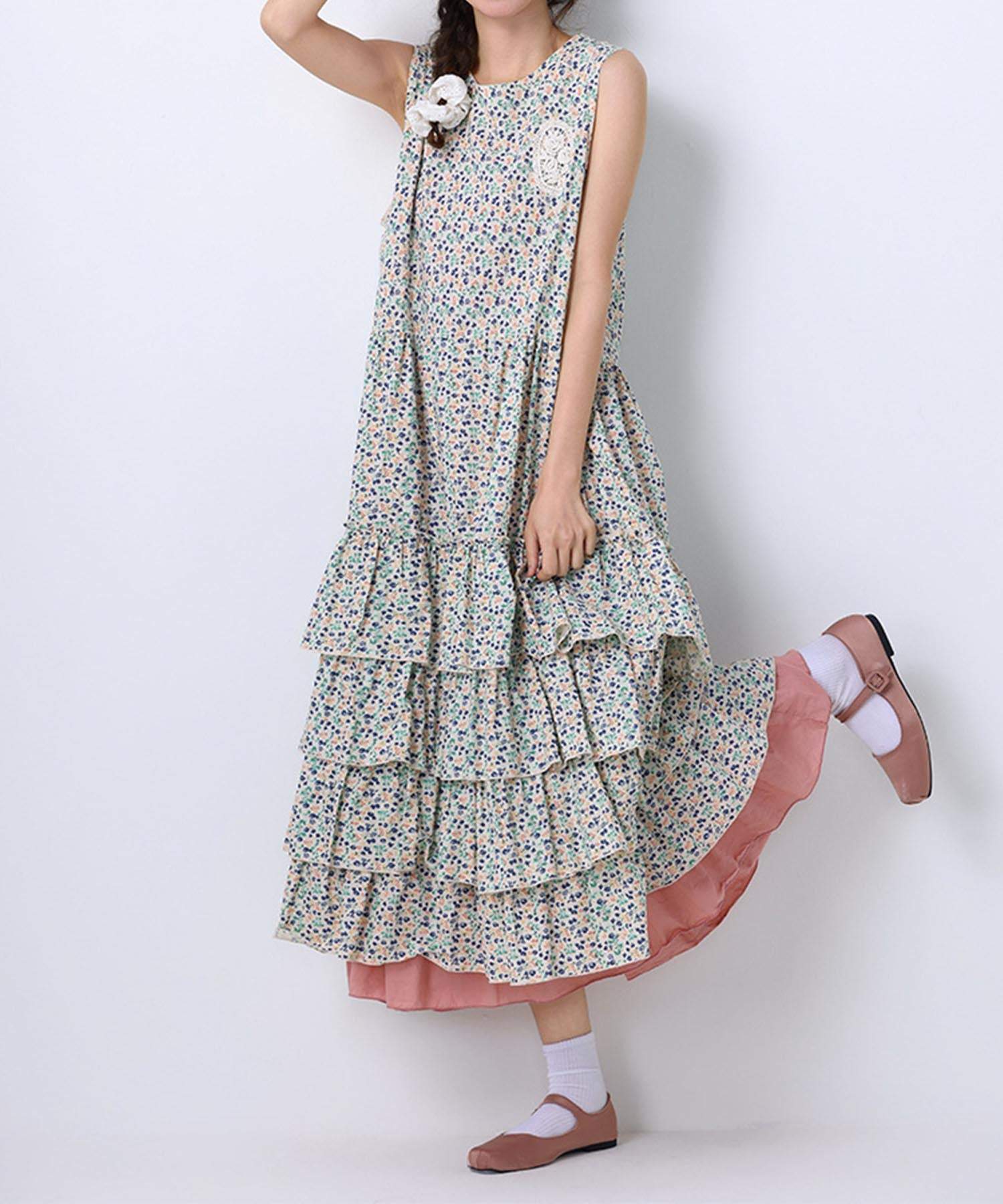 アイモハ aimoha aimoha - select -/フラワーティアードノースリーブワンピース (ブルー) ブルー