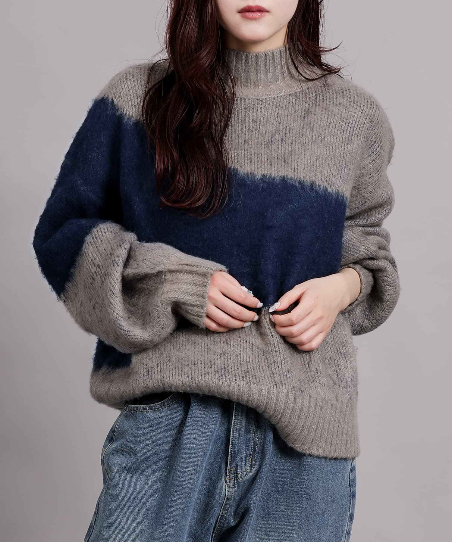 アイモハ aimoha aimoha/配色起毛モックネックニット (グレー) グレー