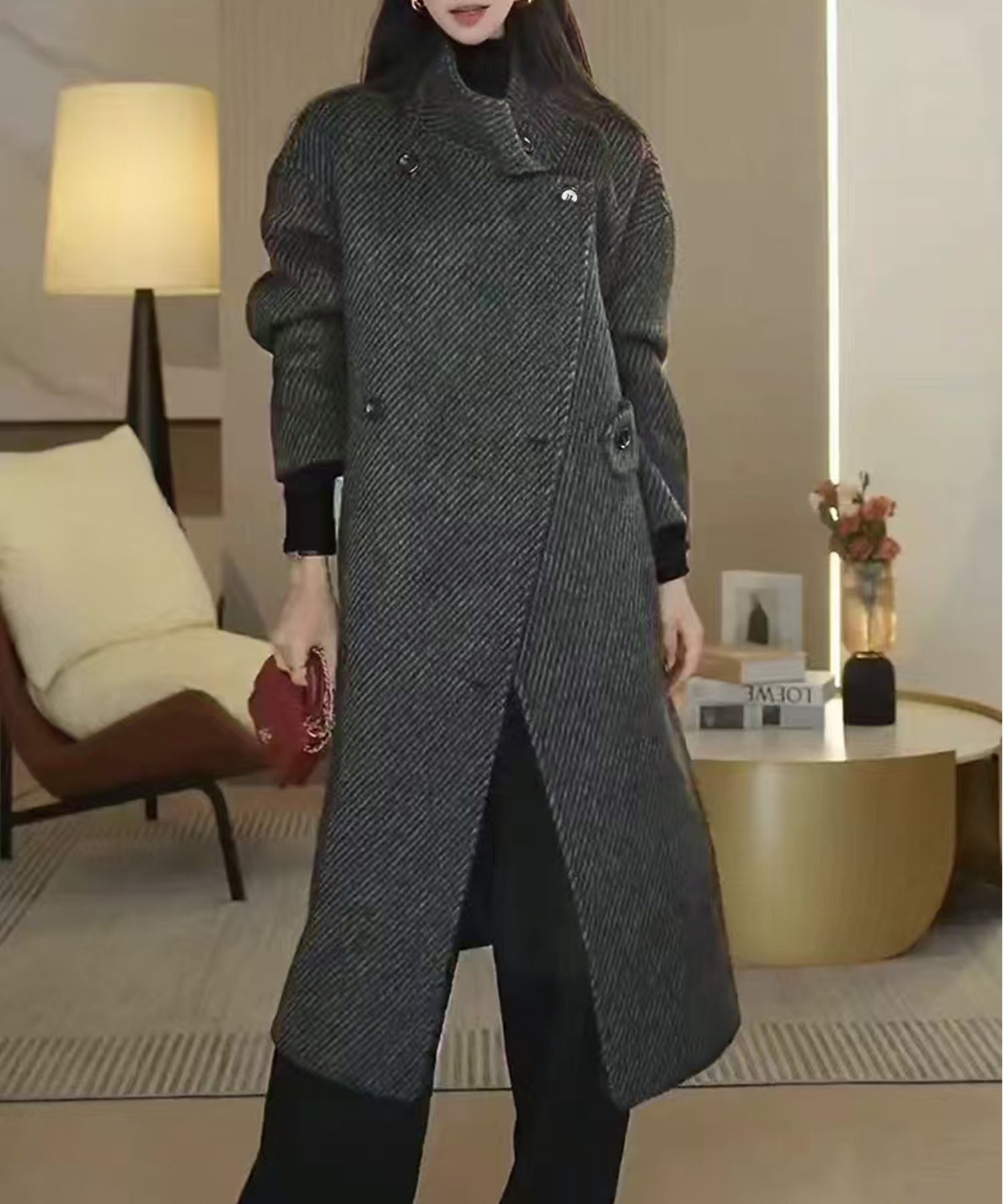 アイモハ aimoha 【BANICO】ヘリンボーン織 アシンメトリーフロントボタンコート (ダークグレー) ダークグレー