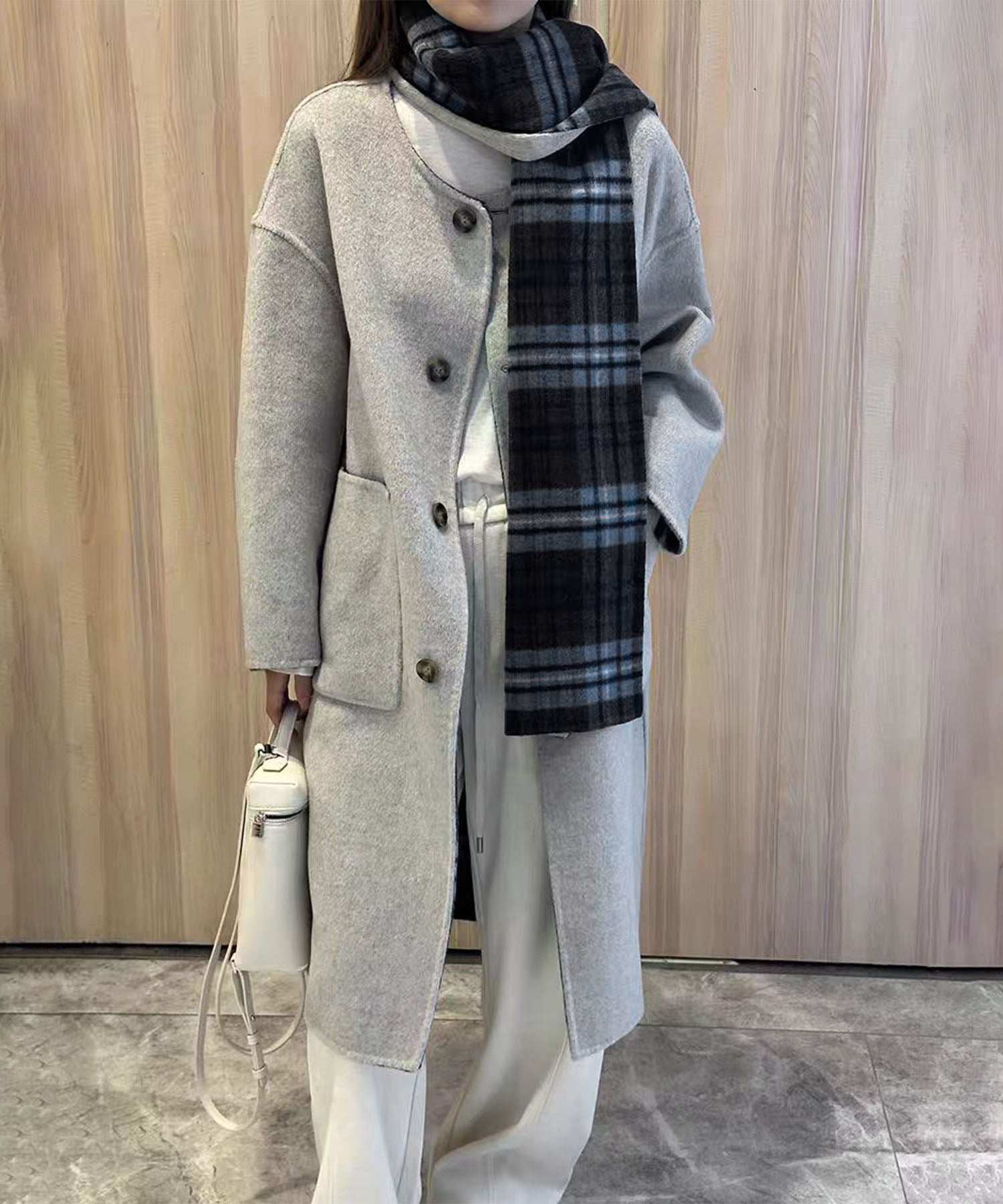 アイモハ aimoha 【BANICO】リバーシブルチェック ウールコート マフラー付き (ブルー) ブルー