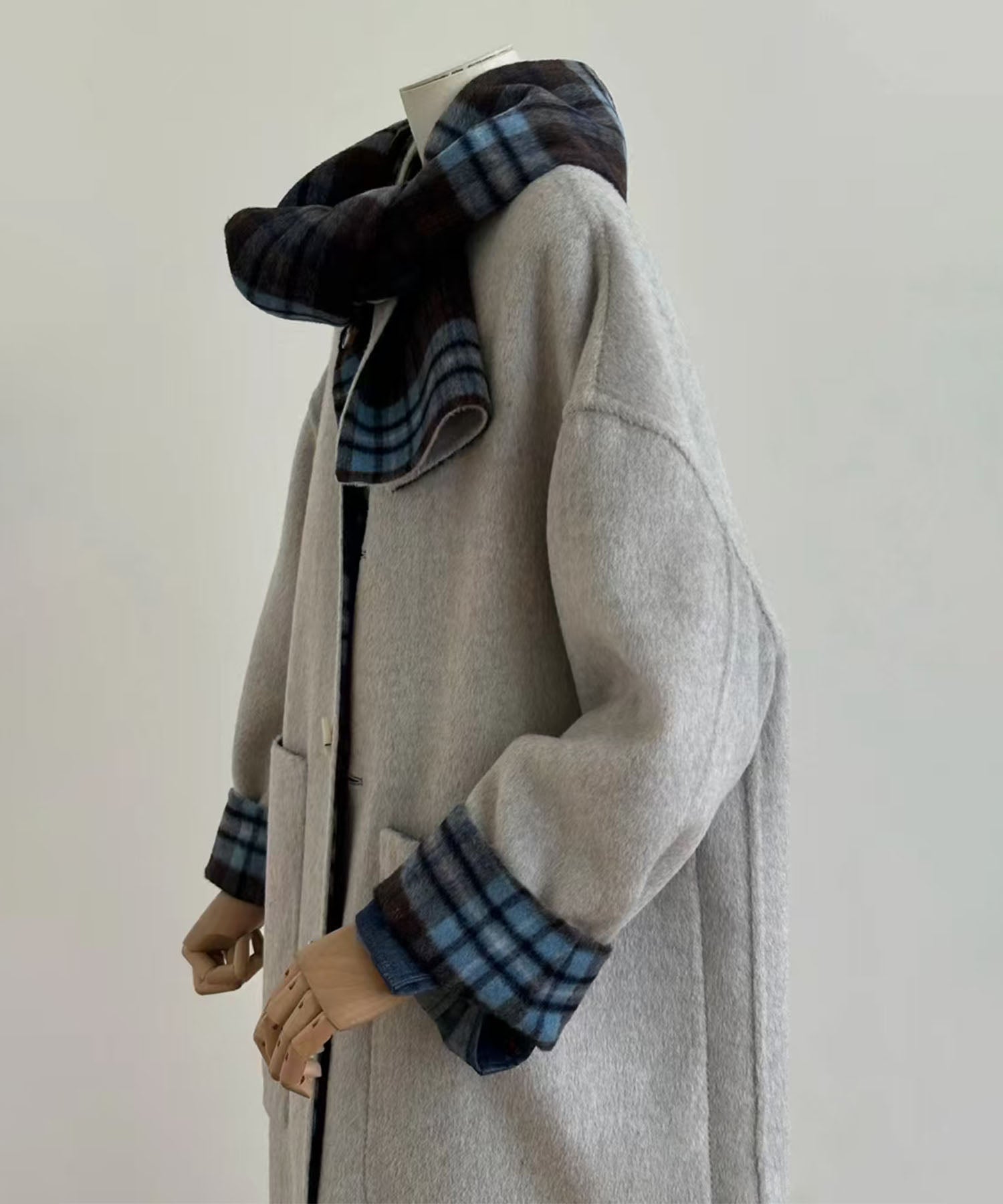 アイモハ aimoha 【BANICO】リバーシブルチェック ウールコート マフラー付き (ブルー) ブルー