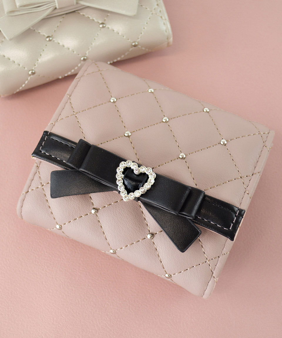 アルトローズ ALTROSE ボックスコイン 3ツ折財布 ミニ財布 キルティング リボン スタッズ プルーン,ピンクブラック