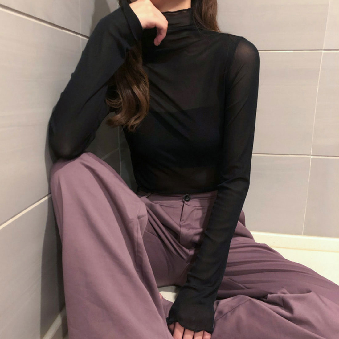 ジュノア JUNOAH ハイネックシアーカットソー 韓国ファッション,ブラック