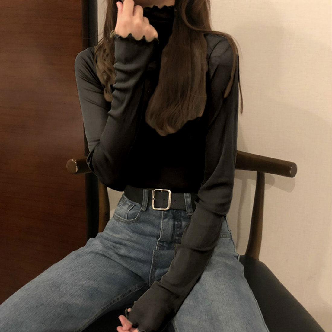 ジュノア JUNOAH ハイネックシアーカットソー 韓国ファッション