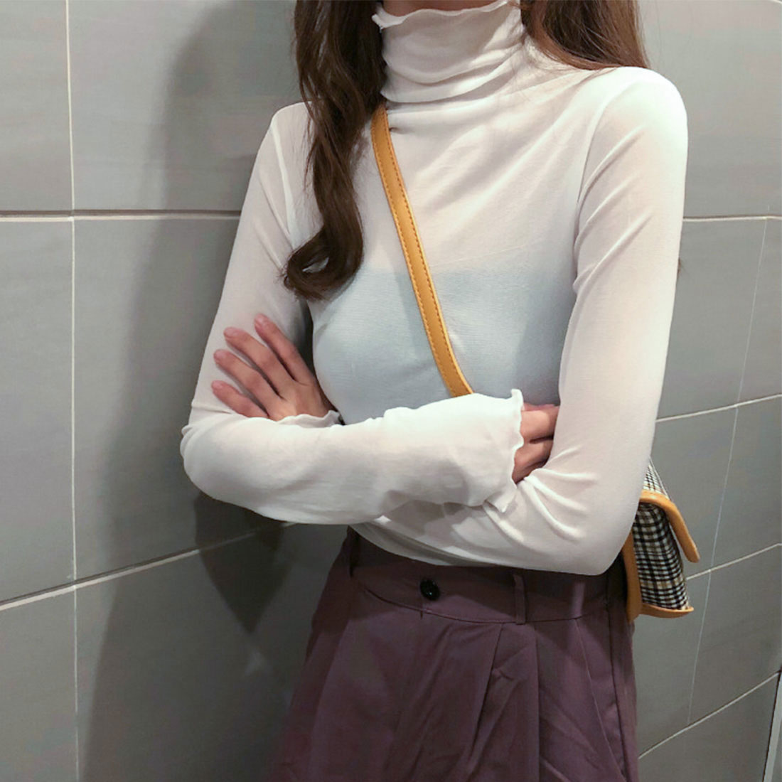 ジュノア JUNOAH ハイネックシアーカットソー 韓国ファッション