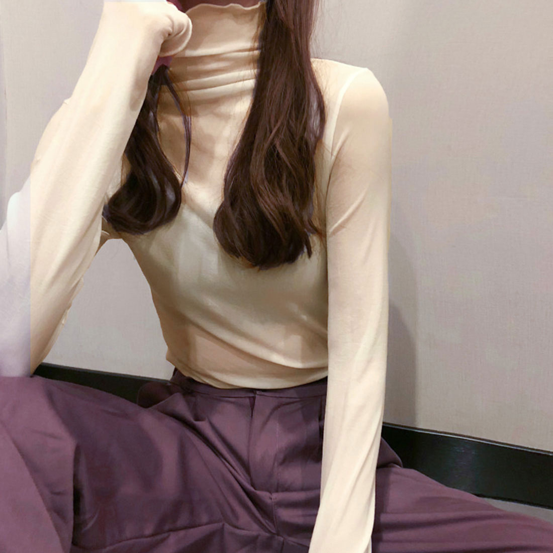 ジュノア JUNOAH ハイネックシアーカットソー 韓国ファッション,クリーム