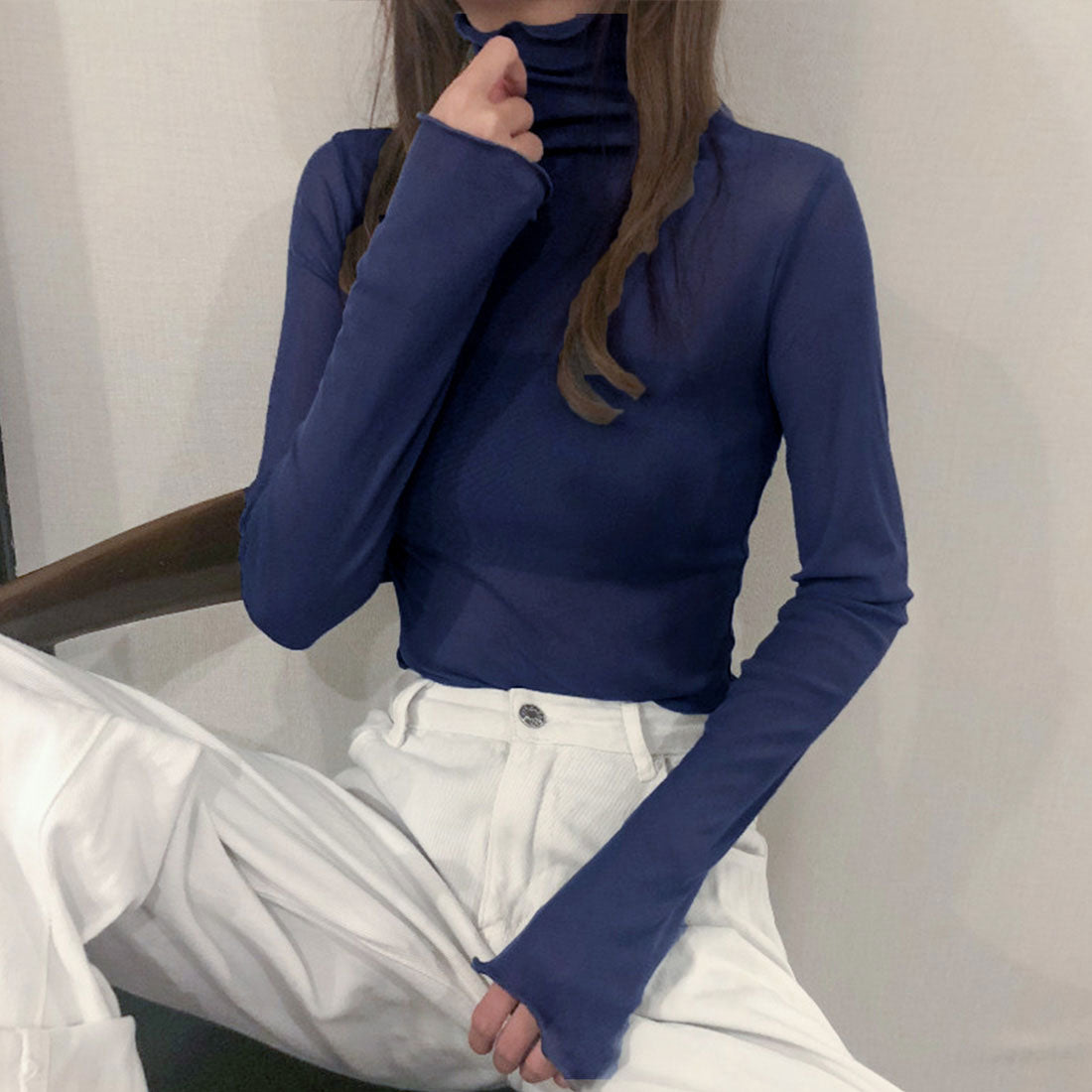 Junoah JUNOAH High-neck sheer cut-and-sew Korean fashion