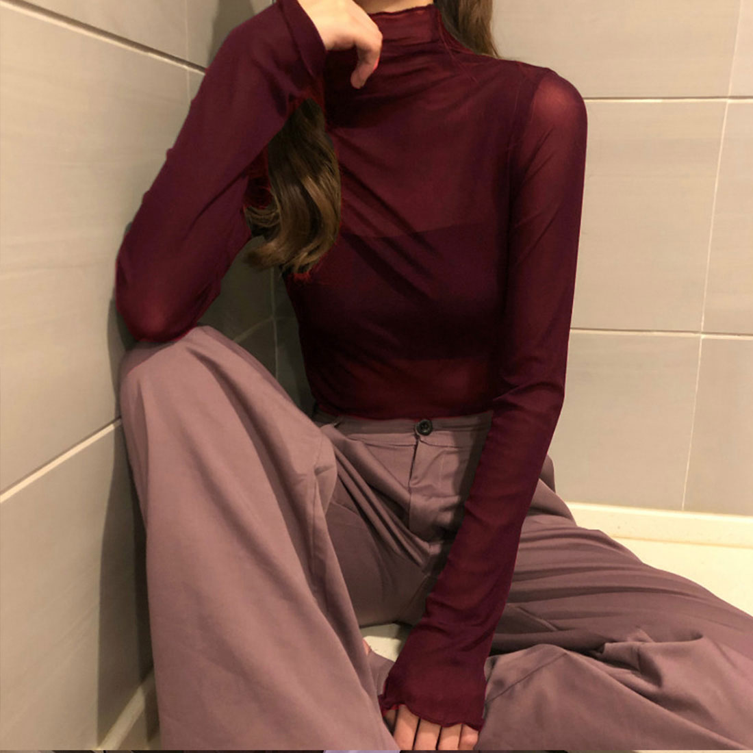 ジュノア JUNOAH ハイネックシアーカットソー 韓国ファッション