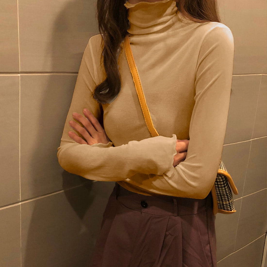 ジュノア JUNOAH ハイネックシアーカットソー 韓国ファッション,ベージュ