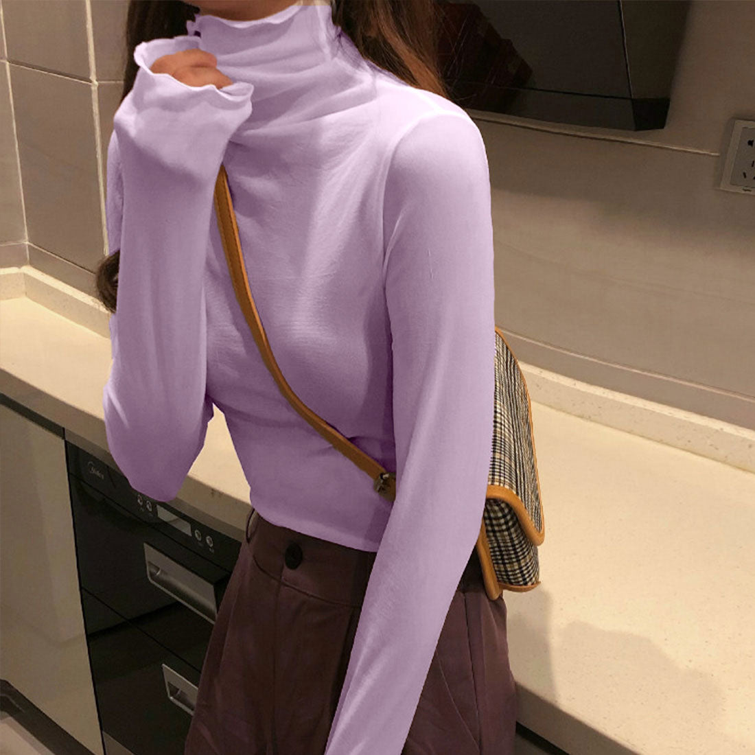 ジュノア JUNOAH ハイネックシアーカットソー 韓国ファッション,ラベンダー