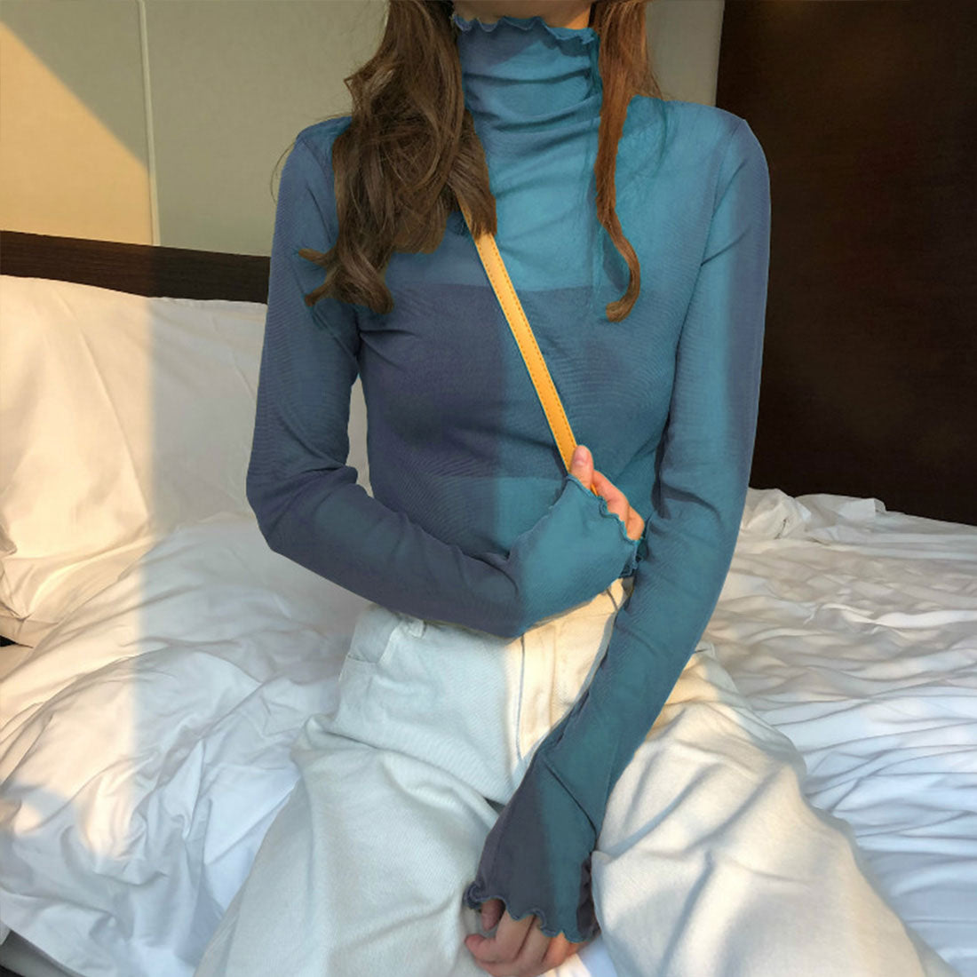 ジュノア JUNOAH ハイネックシアーカットソー 韓国ファッション,ブルーグリーン