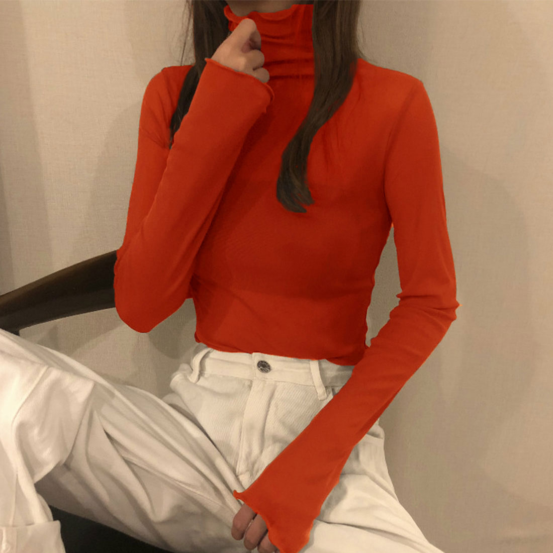 ジュノア JUNOAH ハイネックシアーカットソー 韓国ファッション,テラコッタ