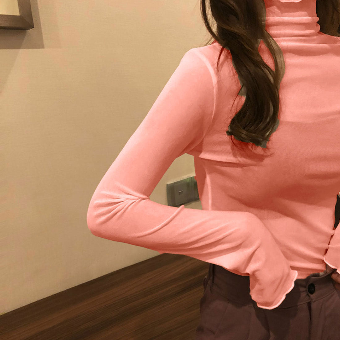 ジュノア JUNOAH ハイネックシアーカットソー 韓国ファッション,ピンク