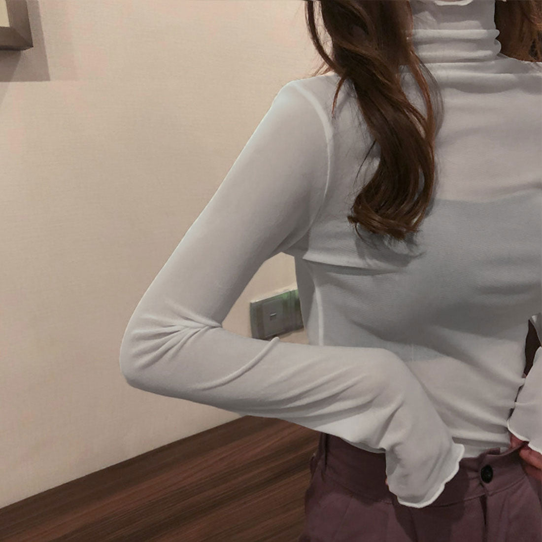 ジュノア JUNOAH ハイネックシアーカットソー 韓国ファッション,グレー