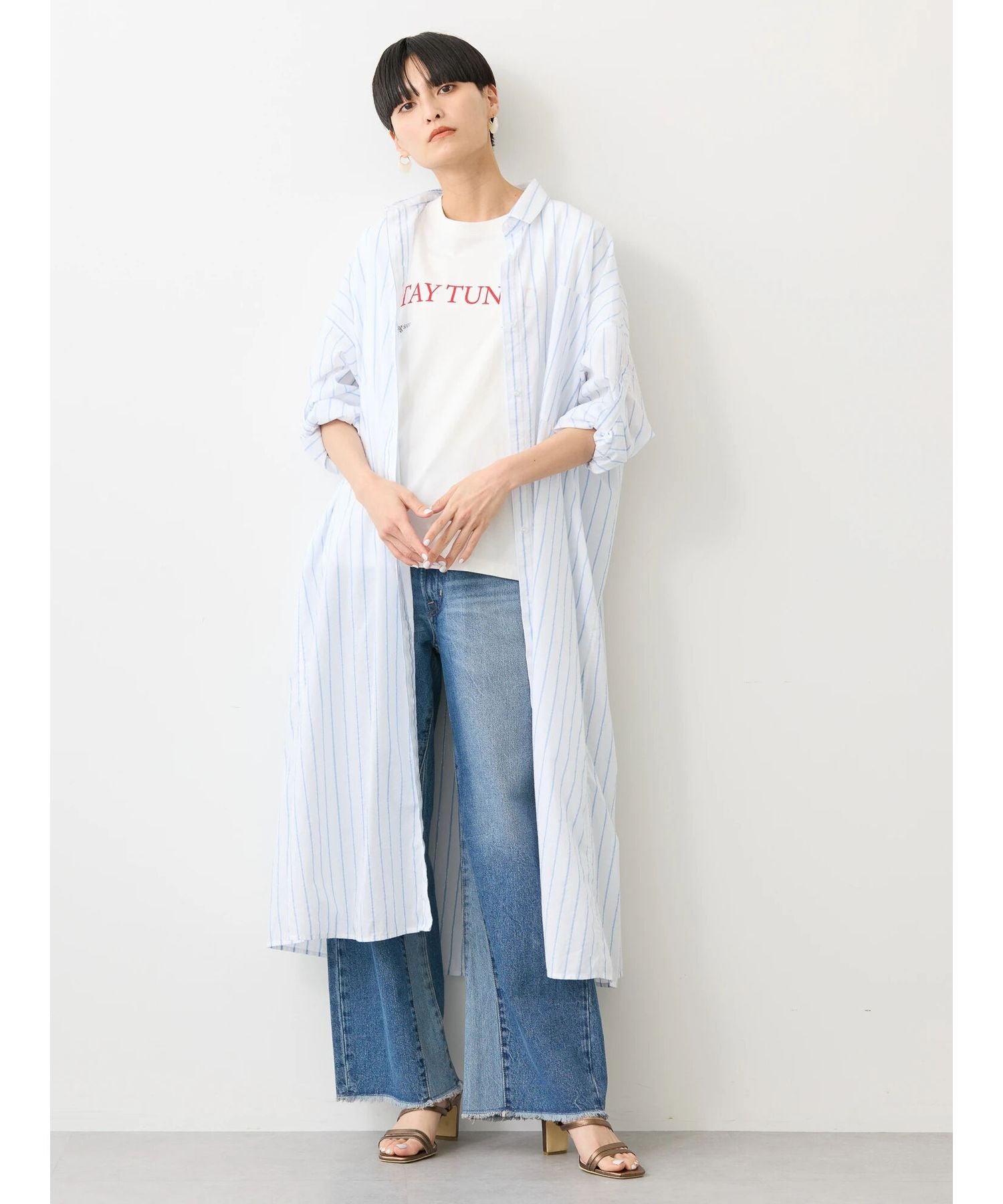 アメリカンホリック AMERICAN HOLIC 丈違いラメストライプワンピース (ストライプアイボリー) ストライプアイボリー