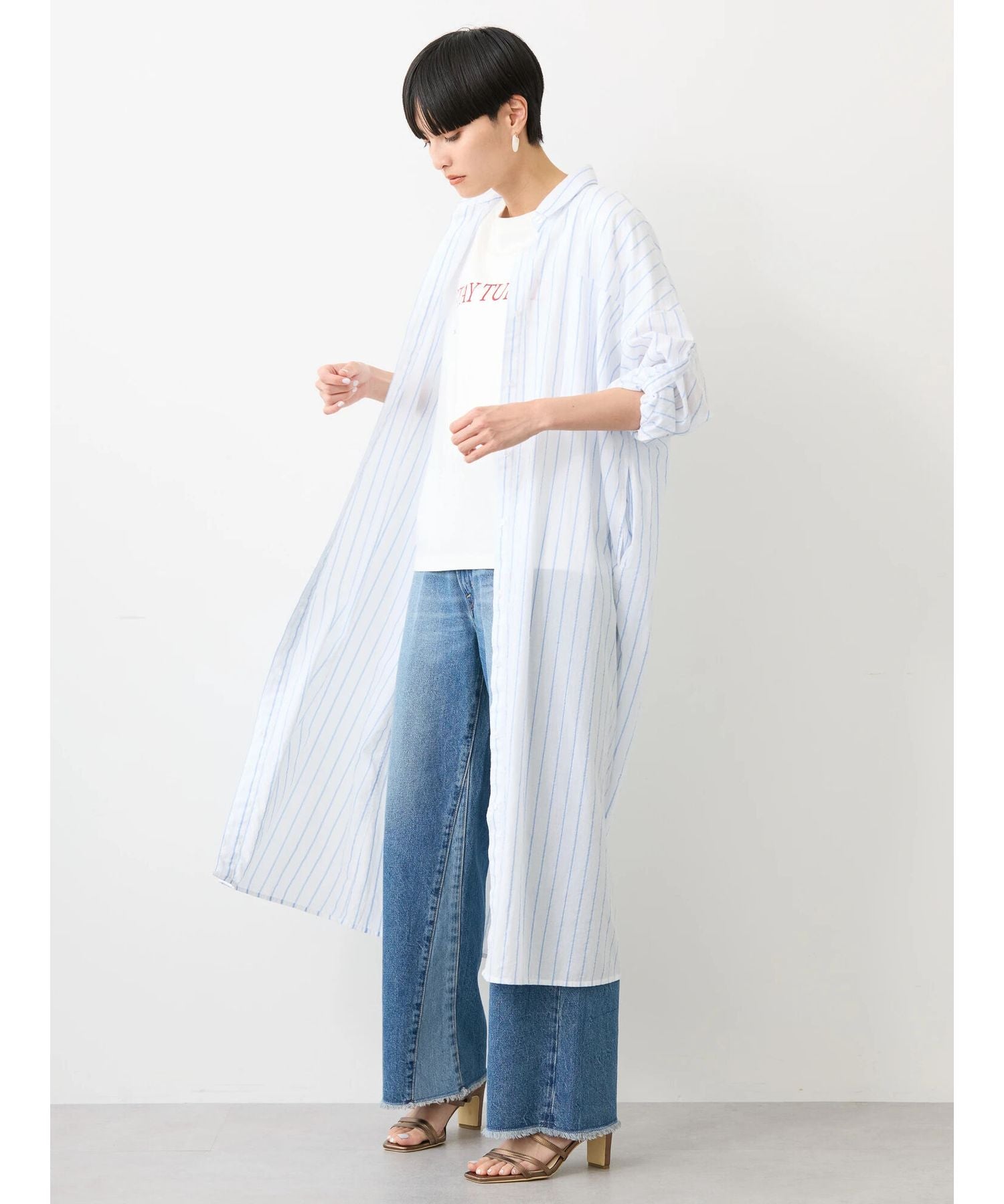 アメリカンホリック AMERICAN HOLIC 丈違いラメストライプワンピース (ストライプアイボリー) ストライプアイボリー