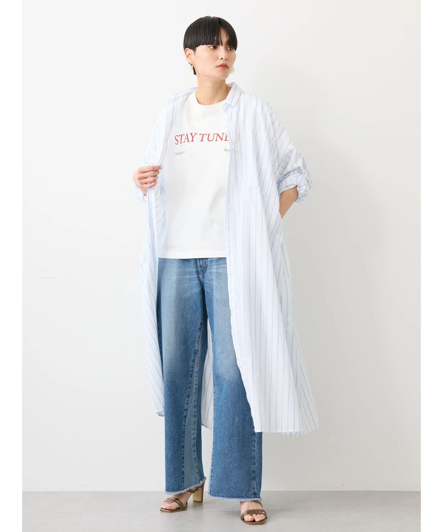 アメリカンホリック AMERICAN HOLIC 丈違いラメストライプワンピース (ストライプアイボリー) ストライプアイボリー