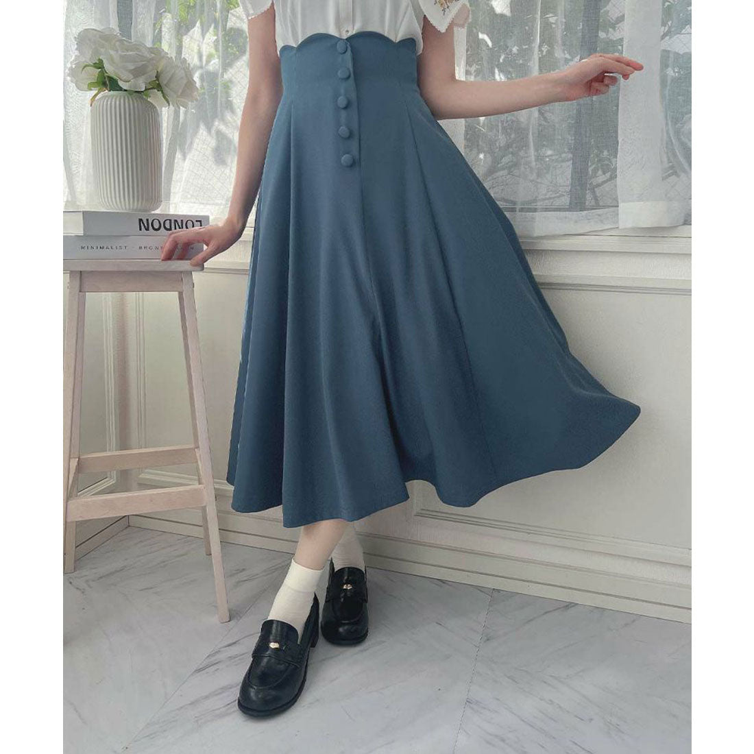 アンアナザーアンジェラス an another angelus 【洗える】ハイウエストスカラップフレアースカート (BLUE) BLUE