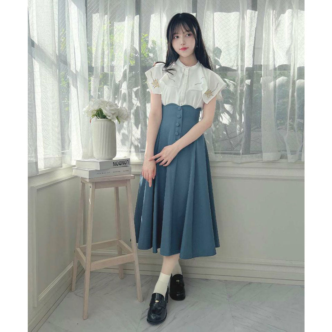 アンアナザーアンジェラス an another angelus 【洗える】ハイウエストスカラップフレアースカート (BLUE) BLUE