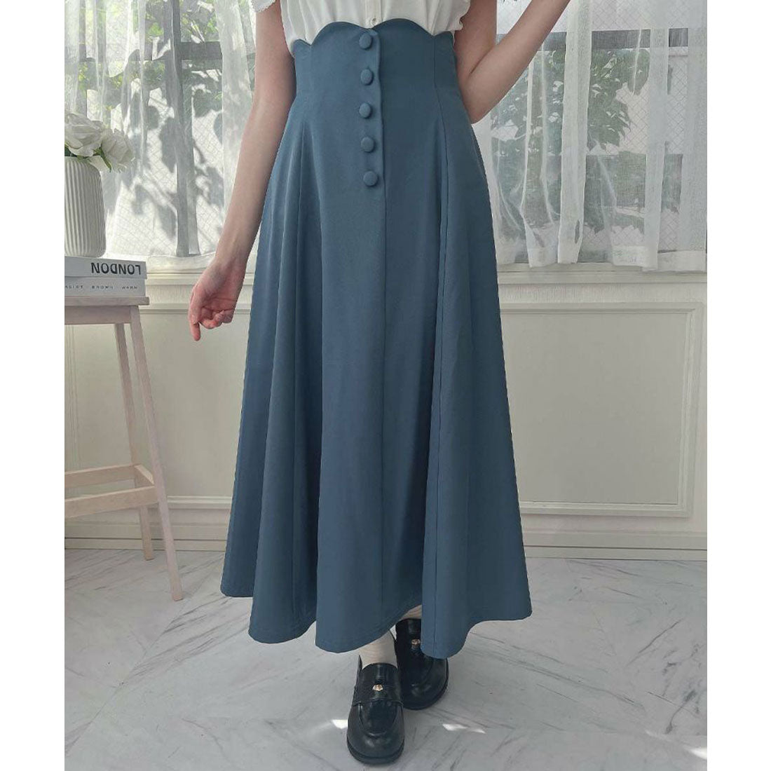 アンアナザーアンジェラス an another angelus 【洗える】ハイウエストスカラップフレアースカート (BLUE) BLUE