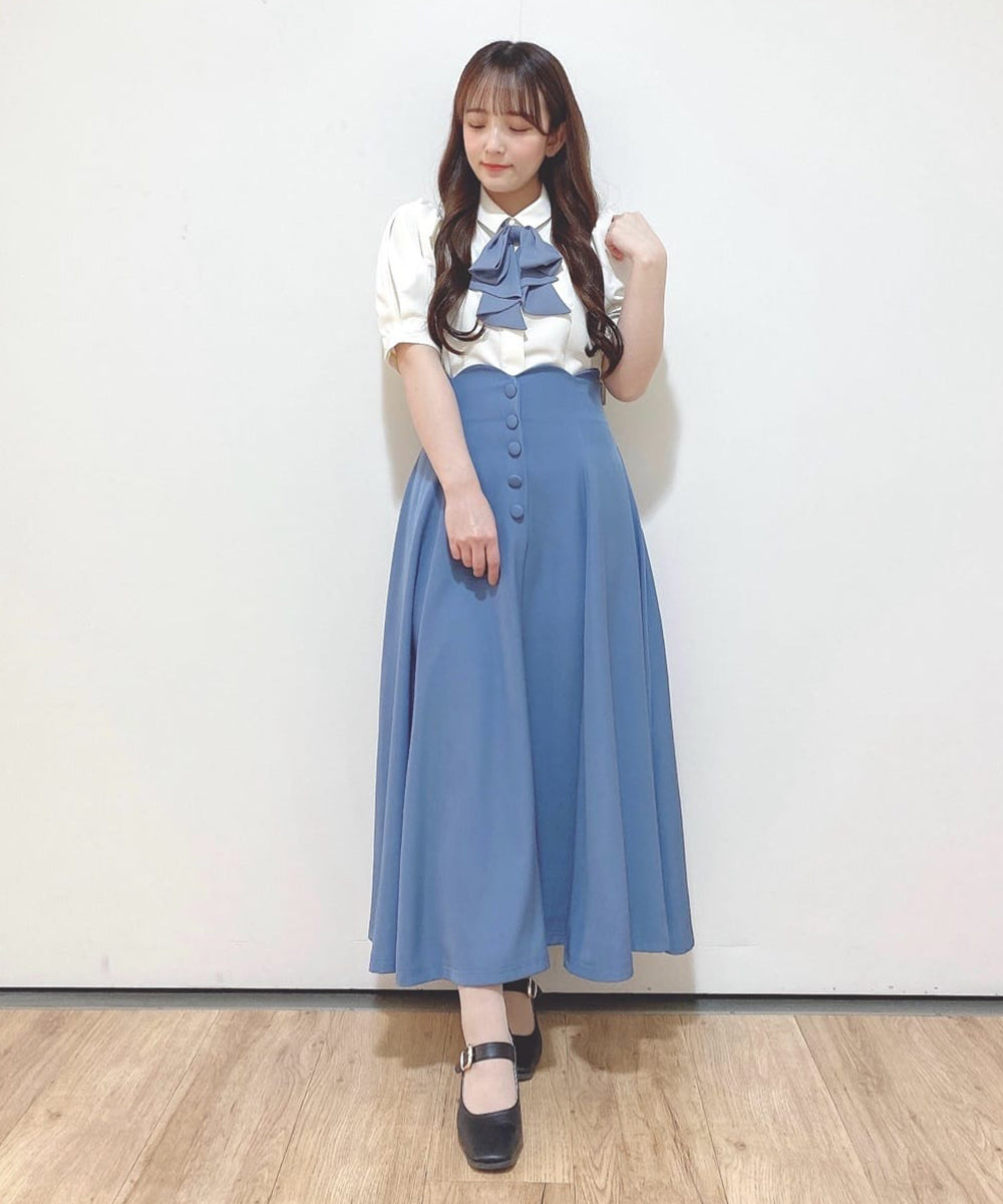 アンアナザーアンジェラス an another angelus 【洗える】ハイウエストスカラップフレアースカート (BLUE) BLUE